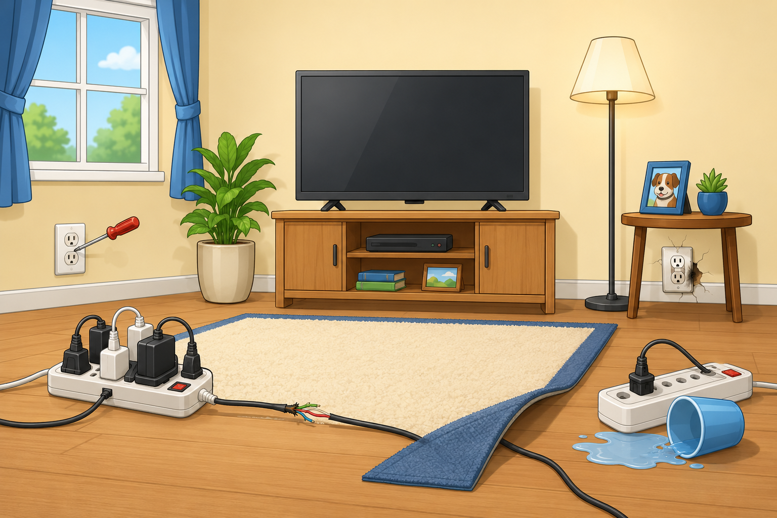 Child-friendly living room containing six electrical hazards: an overloaded power strip, a frayed cord, water beside a power strip, a screwdriver at an outlet, a cord beneath a rug, and a cracked scorched outlet.