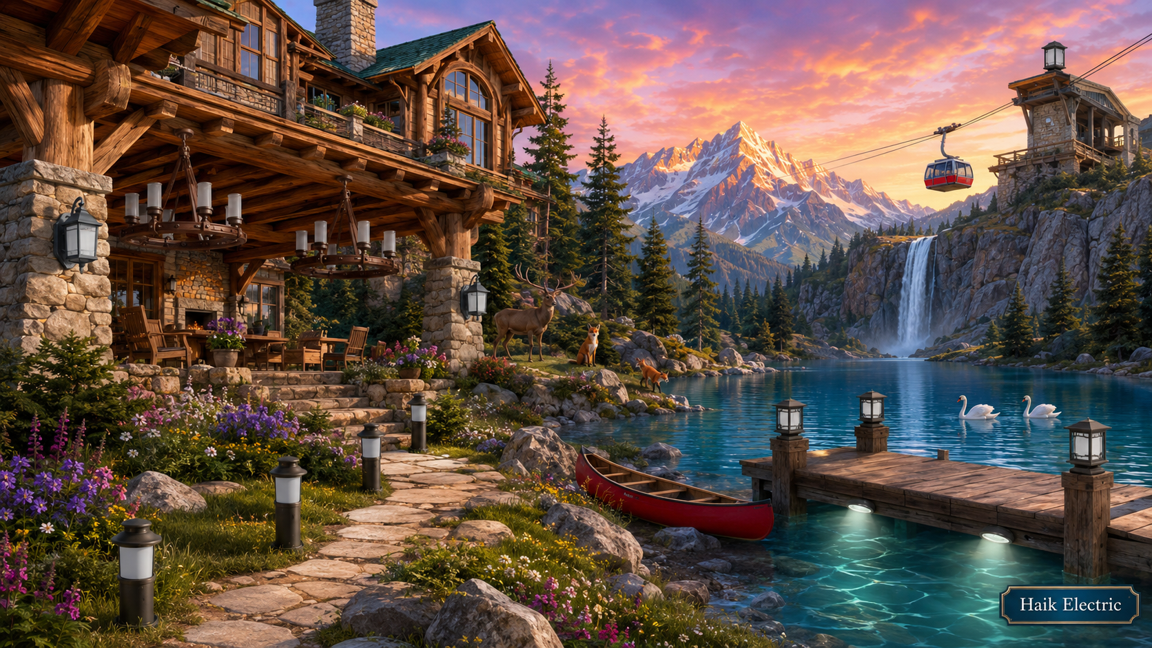 Beautiful Alpine Lakeside Lodge scene with twelve different light fixtures to find