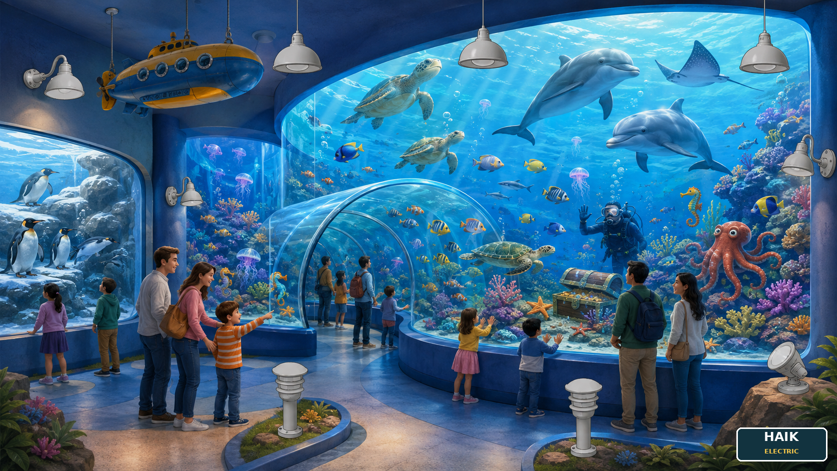 A spectacular aquarium with dolphins, sea turtles, rays, penguins, tropical fish, diver, octopus, coral, treasure chest, glass tunnel, visitors, and ten lights