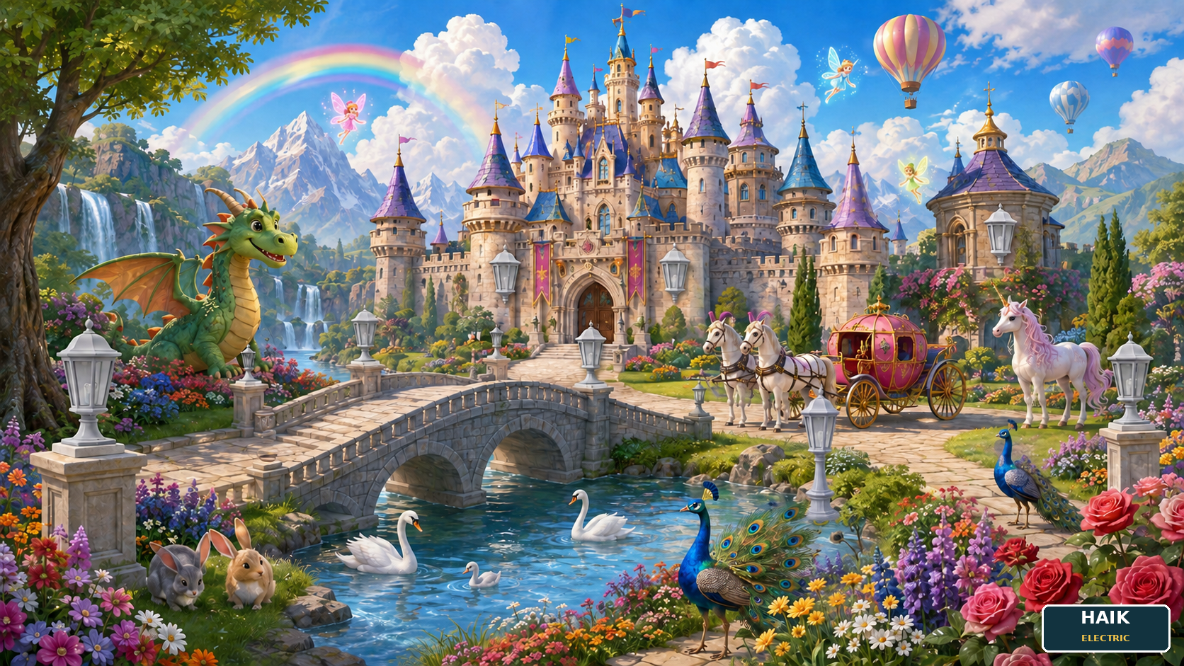 A magical castle with a friendly dragon, carriage and horses, unicorn, swans, rabbits, peacocks, fairies, balloons, rainbow, waterfalls, gardens, and twelve lights