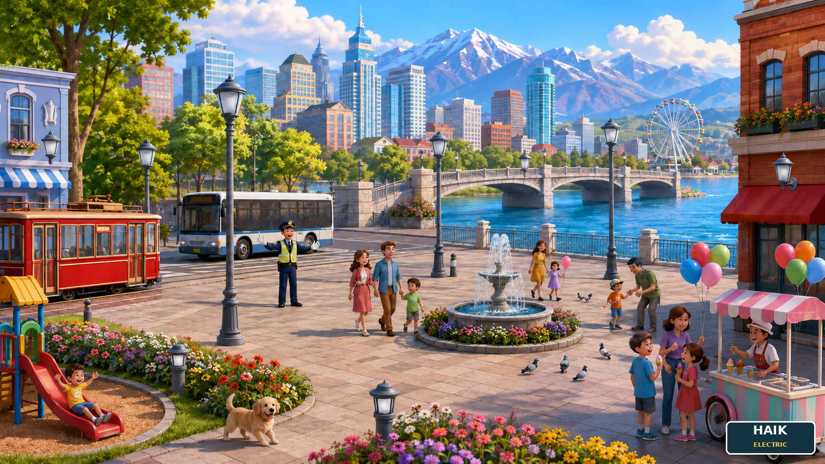 A beautiful city with skyline, mountains, bridge, waterfront, fountain, tram, bus, families, playground, puppy, flowers, ice-cream cart, Ferris wheel, and twelve lights