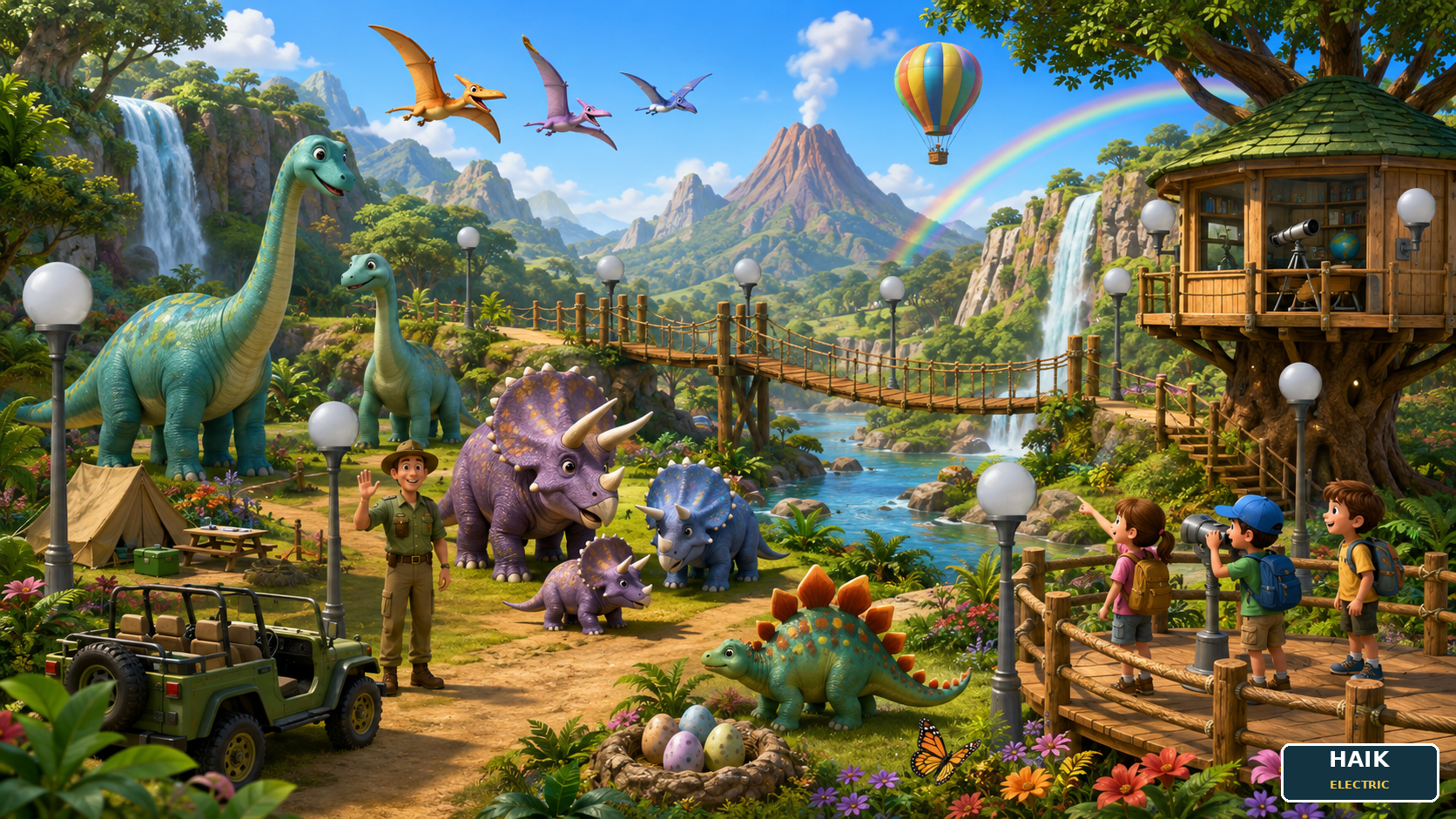 A friendly Dinosaur Valley with waterfalls, rope bridge, explorer camp, research treehouse, dinosaurs, rainbow, volcano, jeep, dinosaur eggs, flowers, butterflies, and eleven lights