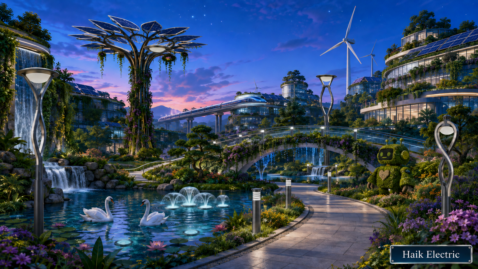 Beautiful Futuristic Eco City scene with twelve different light fixtures to find