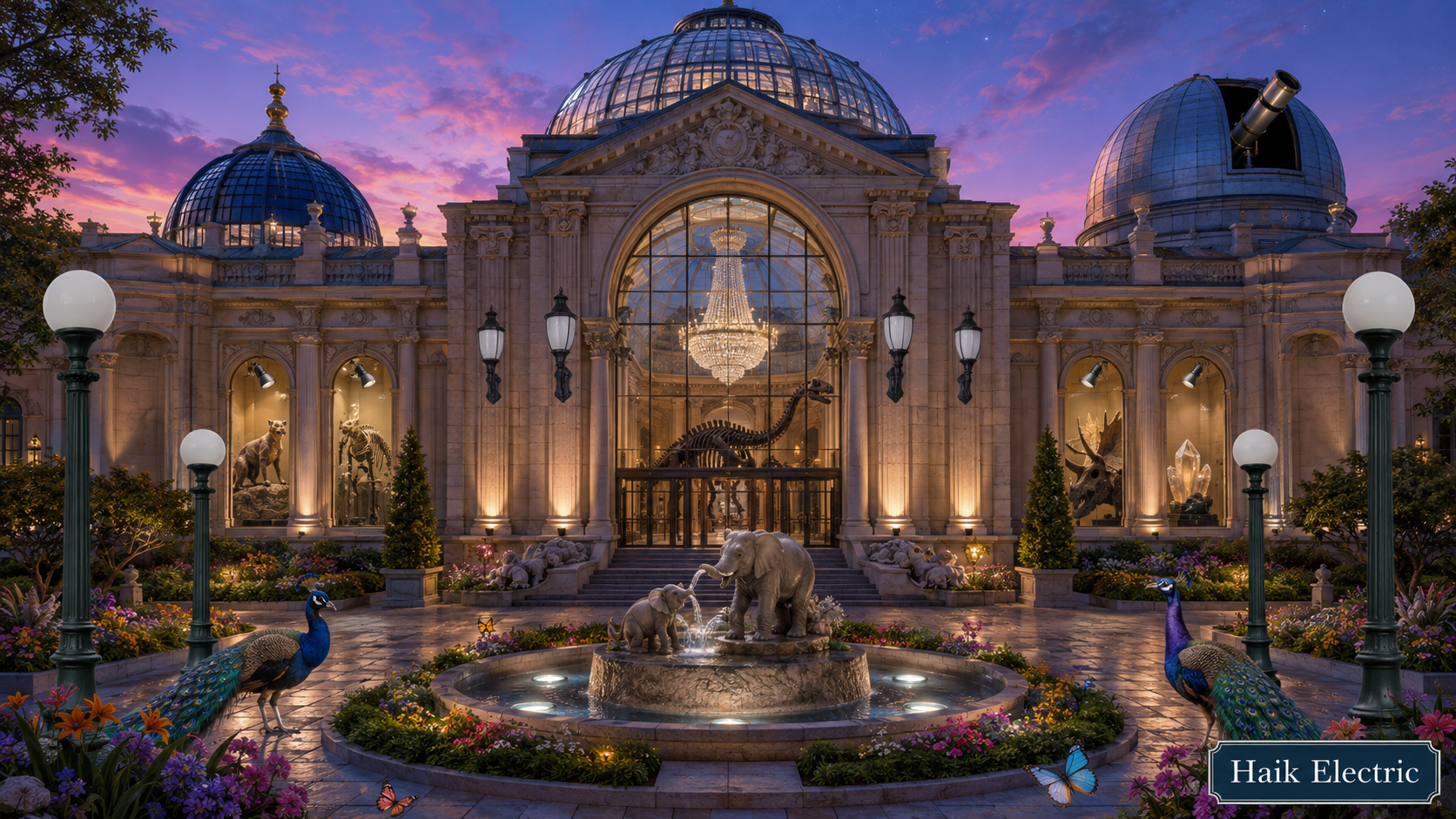 Beautiful Grand Natural History Museum scene with twelve different light fixtures to find
