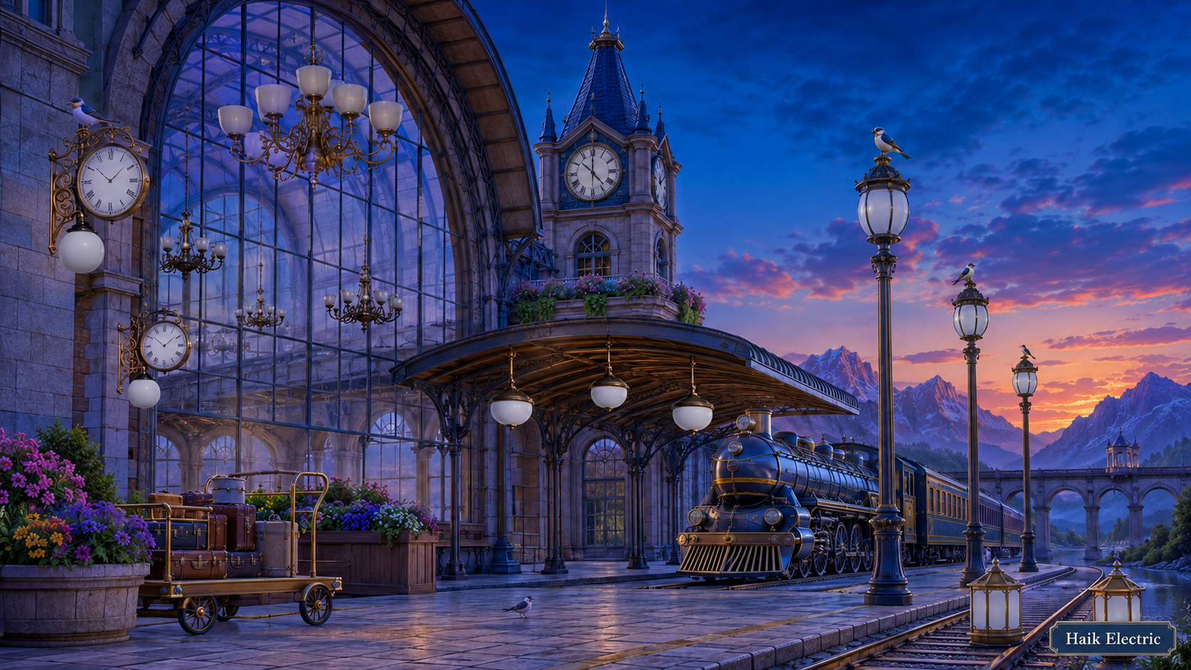 Beautiful Grand Railway Station scene with fourteen different light fixtures to find