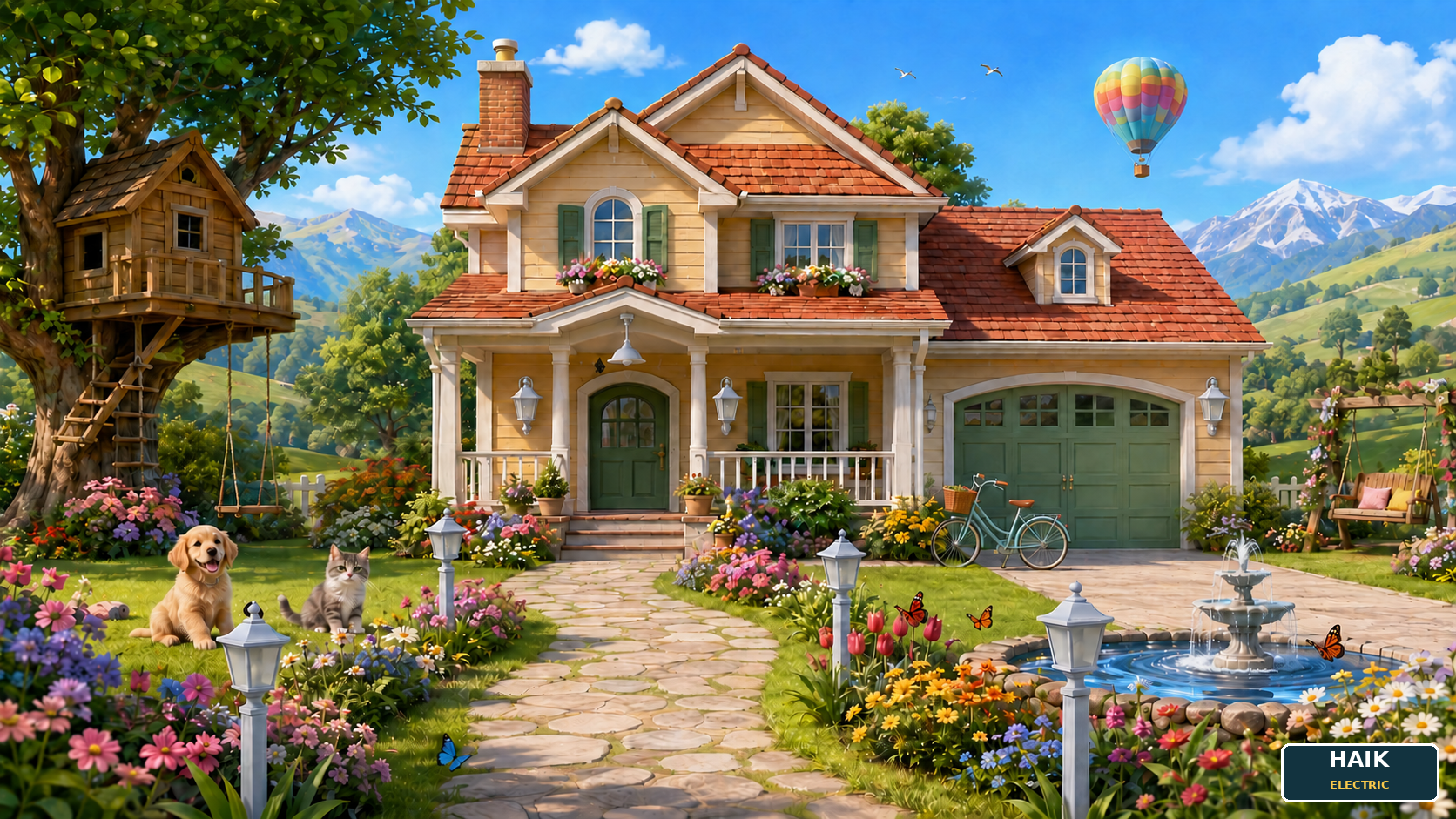 A beautiful house and garden with a puppy, kitten, treehouse, mountains, fountain, bicycle, swing, flowers, butterflies, and eight light fixtures