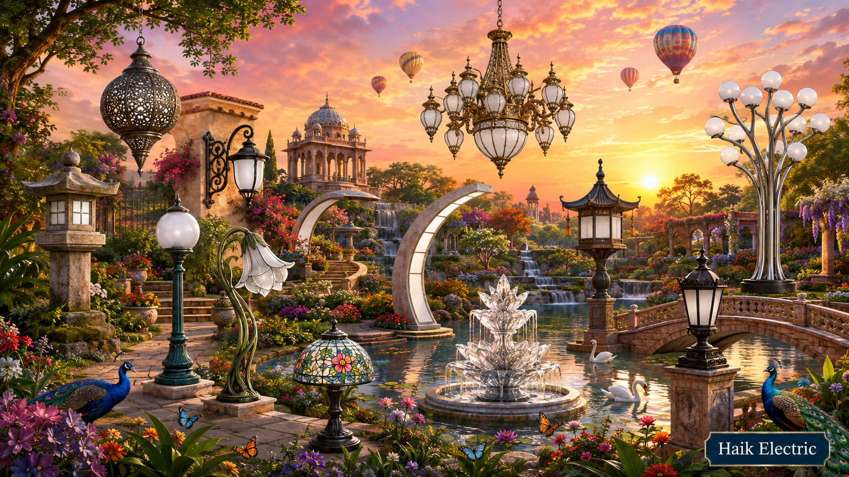 Beautiful Grand Garden Light Festival scene with twelve different light fixtures to find