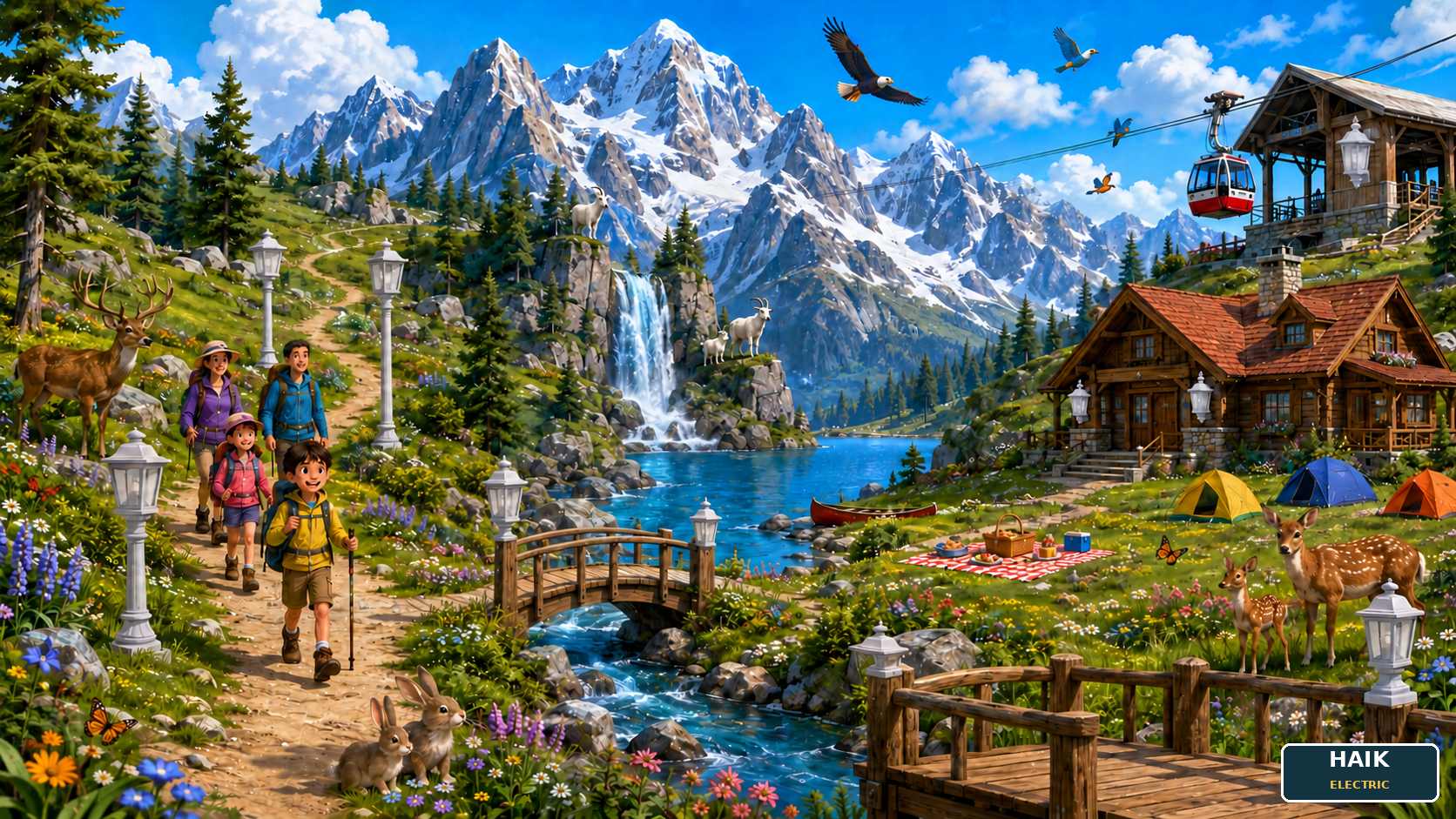 A mountain adventure with snowy peaks, waterfall, lake, lodge, gondola, hikers, wildlife, picnic, tents, canoe, flowers, and ten light fixtures