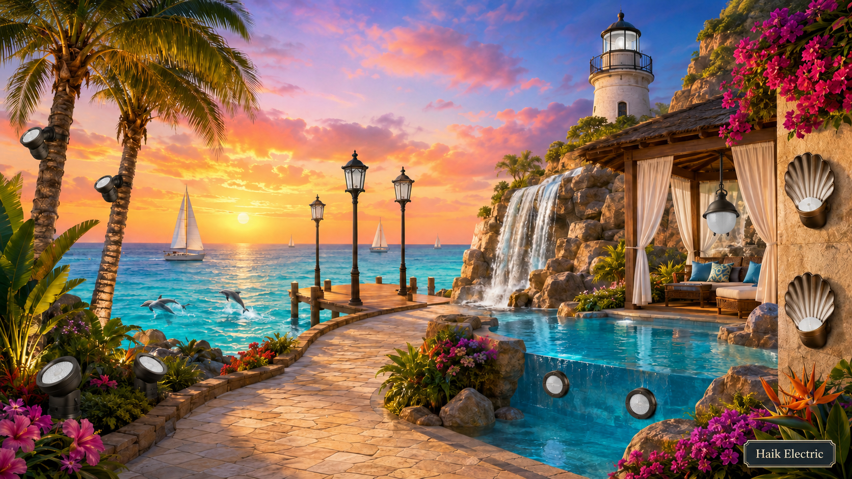 Beautiful Oceanfront Resort scene with twelve different light fixtures to find