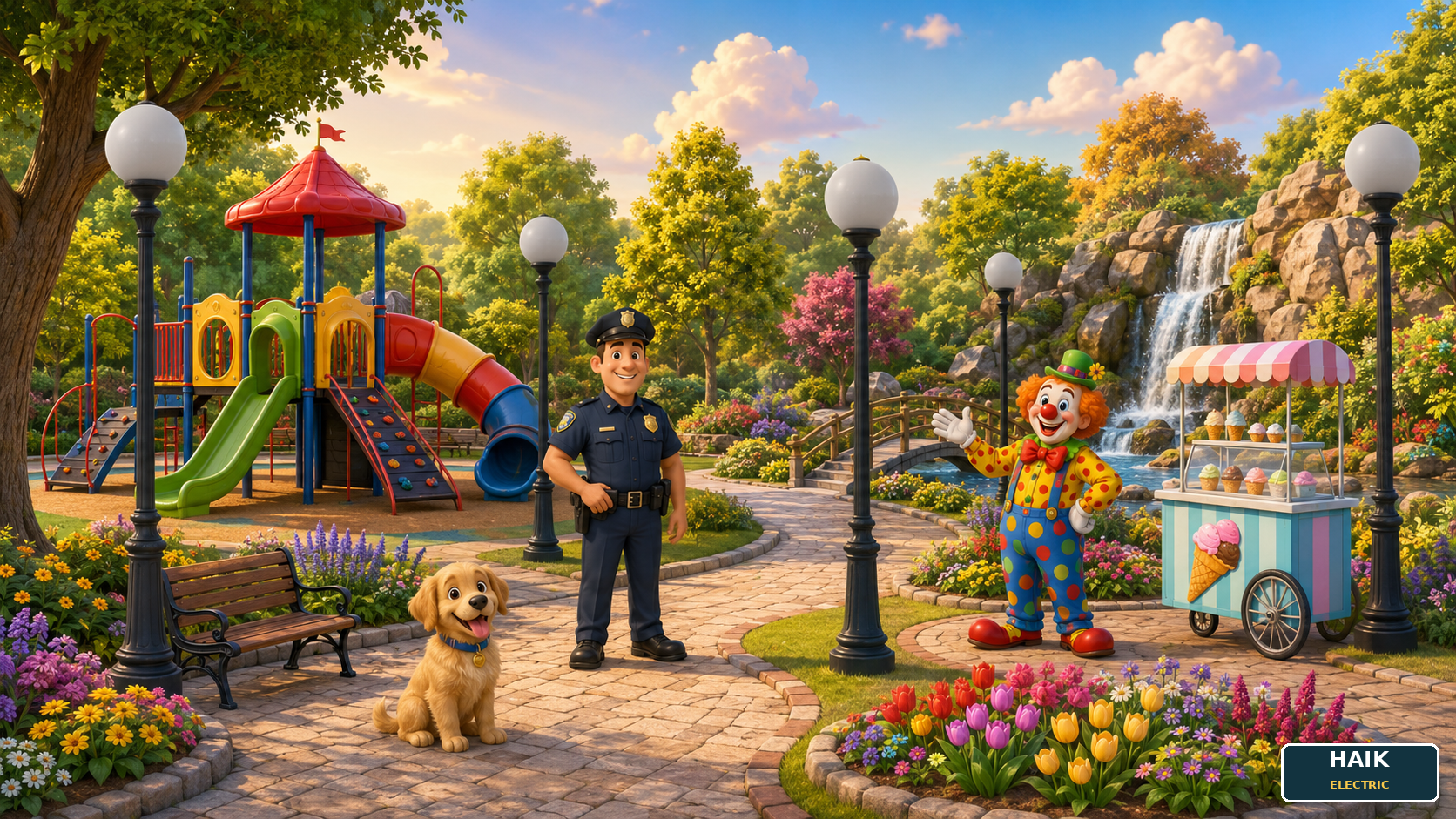 A colorful park with a playground, puppy, police officer, clown, waterfall, flower garden, ice-cream cart, and five light posts