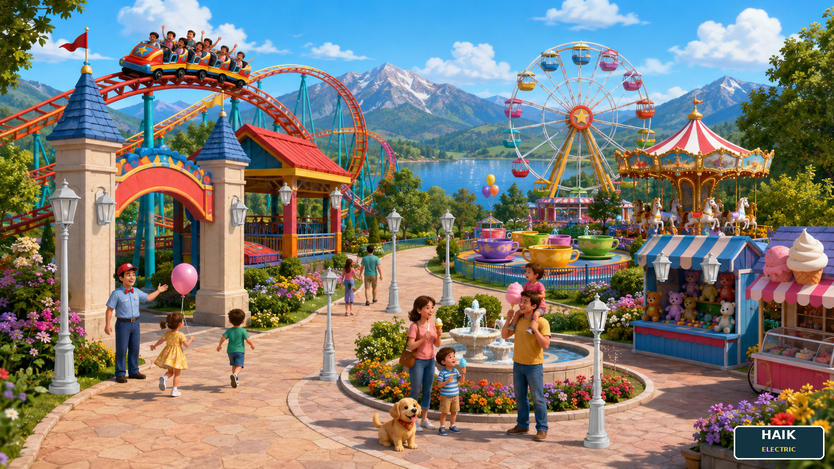 A beautiful amusement park with roller coaster, Ferris wheel, carousel, teacups, fountain, families, game booths, puppy, flowers, lake, mountains, and eleven lights