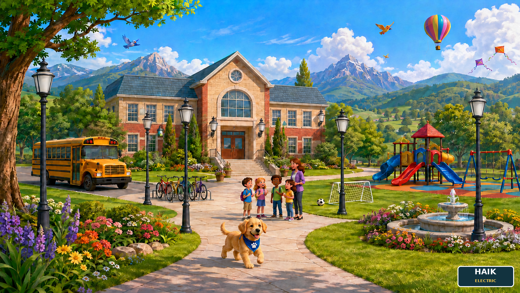 A beautiful school with mountains, children and teacher, school bus, playground, bicycles, soccer goal, puppy, fountain, flowers, kites, balloon, and nine light fixtures