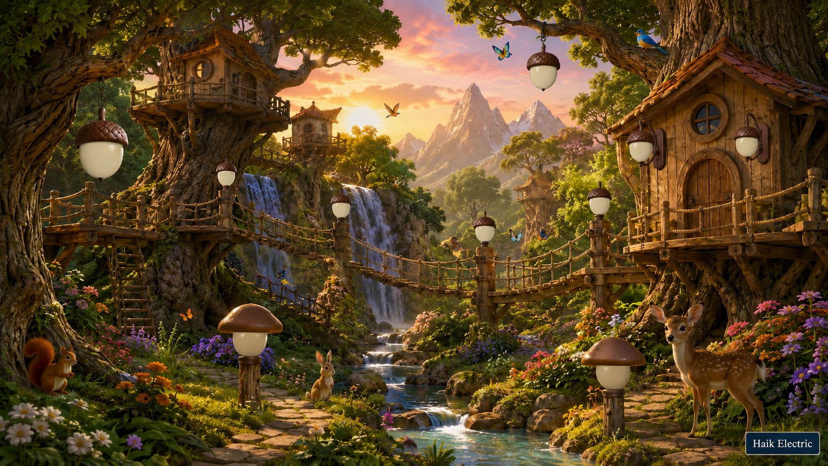 Beautiful Fantasy Treehouse Village scene with twelve different light fixtures to find