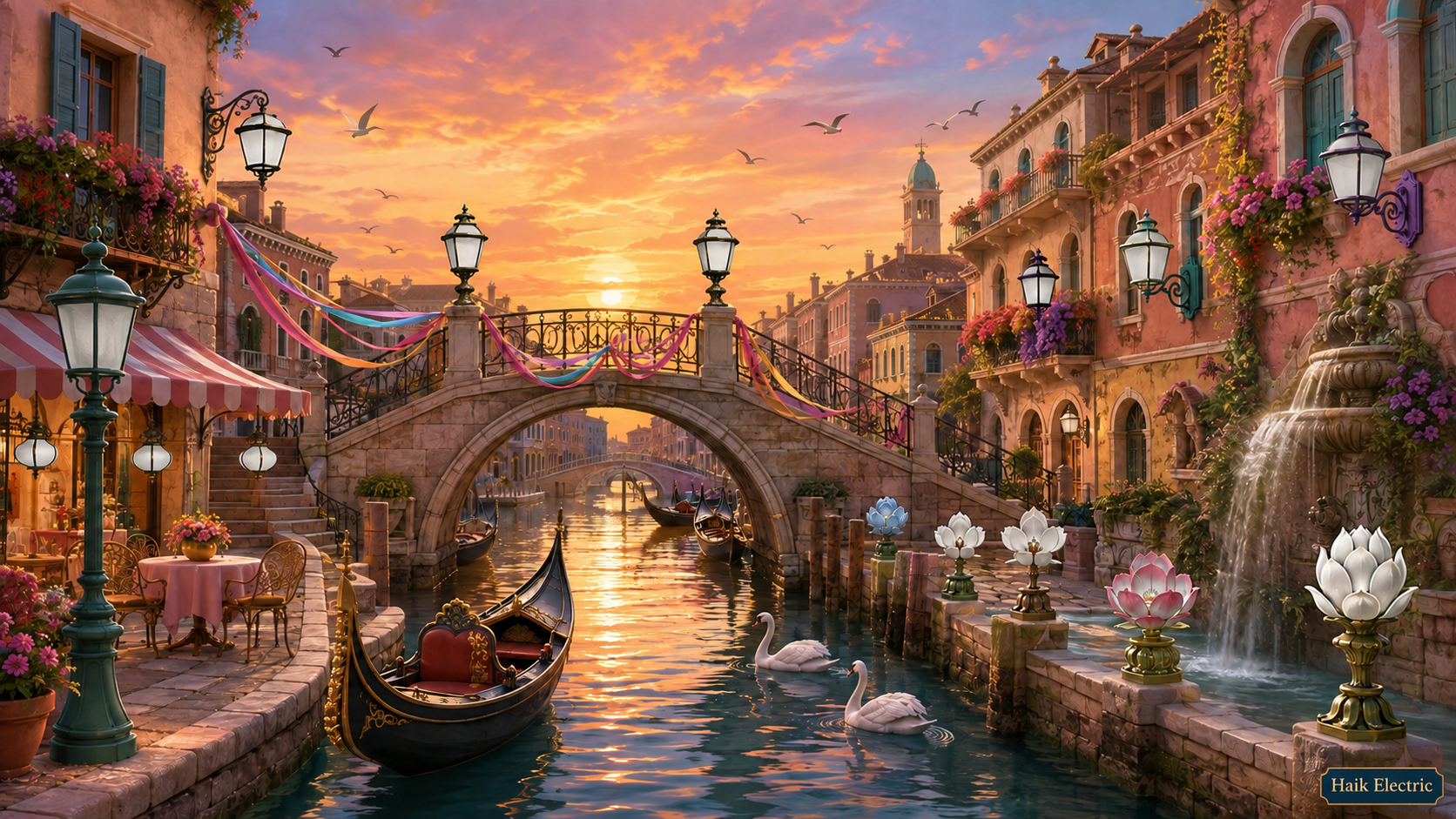 Beautiful Venetian Canal Festival scene with twelve different light fixtures to find