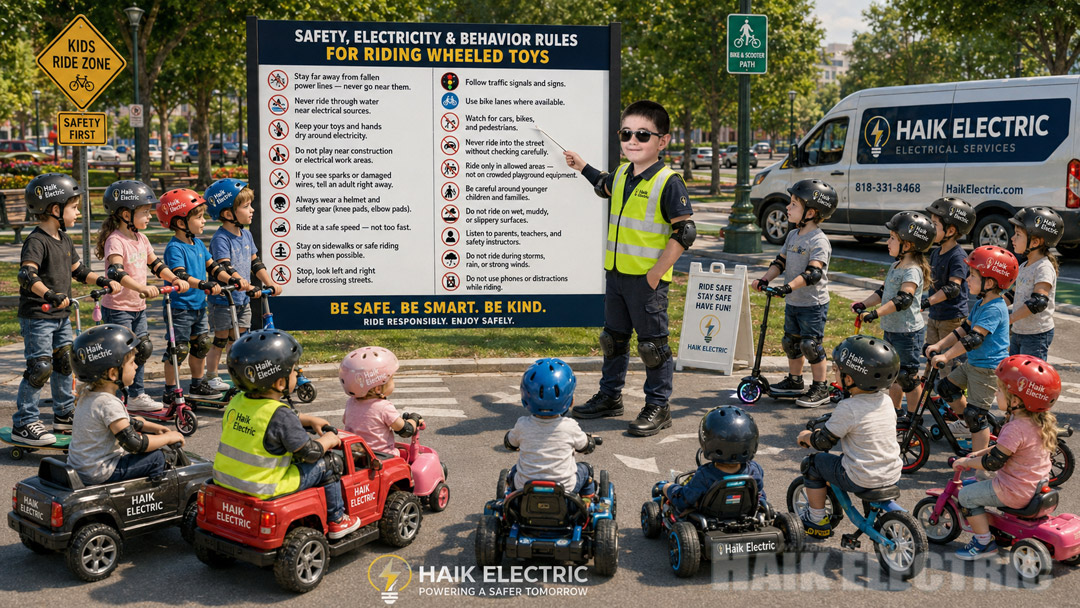 Hovhannes teaching children safety, electricity, and behavior rules for riding wheeled toys