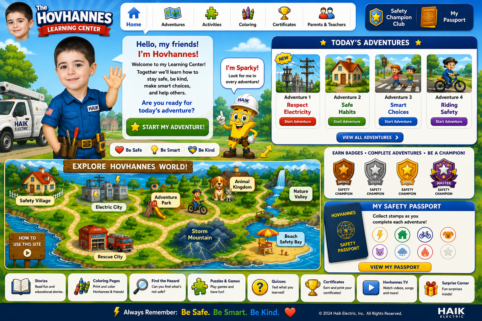 Hovhannes Learning Center with Respect Electricity adventure, safety map, badges, and activities